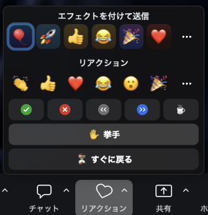 Zoom リアクション欄: ✅ ❌ 挙手 のアイコン位置